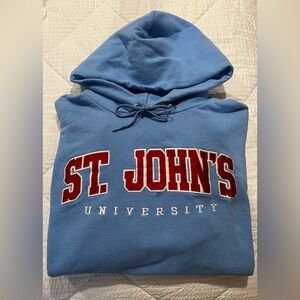 Champion Light Blue St. John's University Hoodie with Red Lettering
